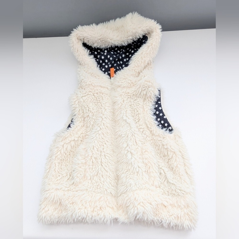 Me Jane Kids' (Size 6) White/Off-White Faux-Fur Zip-Up Vest with Hood
